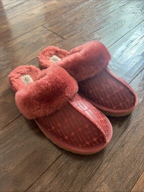 UGG Rose Logo Shearling Slide Slippers